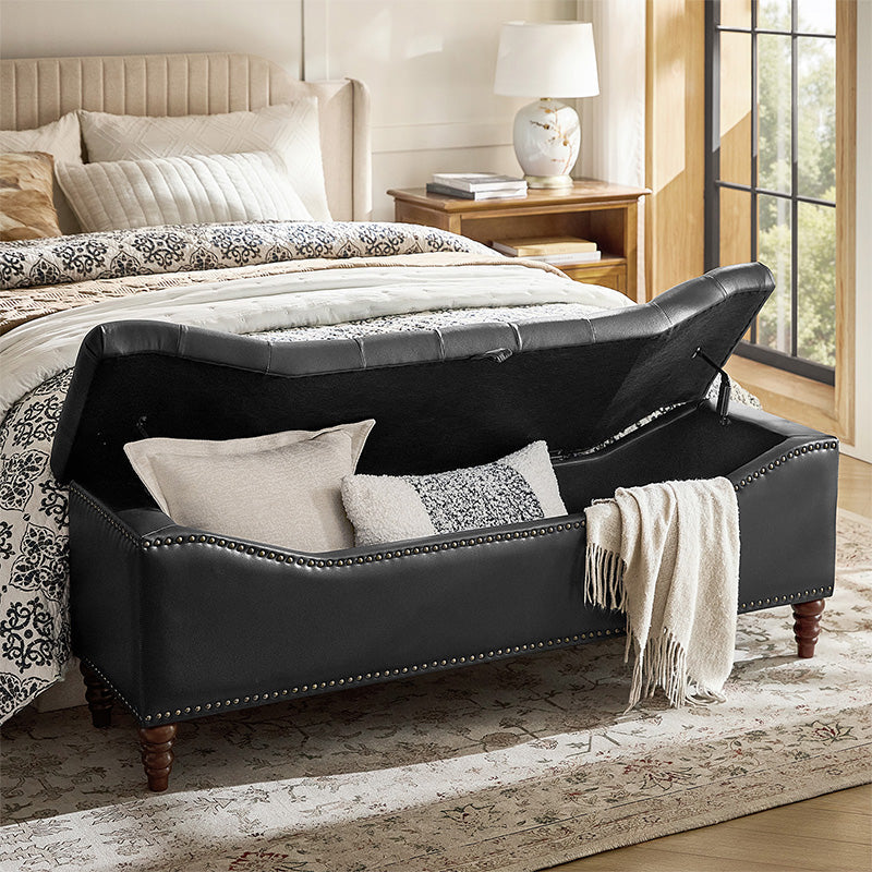Banc de rangement capitonné en similicuir avec accoudoirs, garniture cloutée et pieds en bois tourné | Camel / Marron / Noir / Bleu marine | Individuel