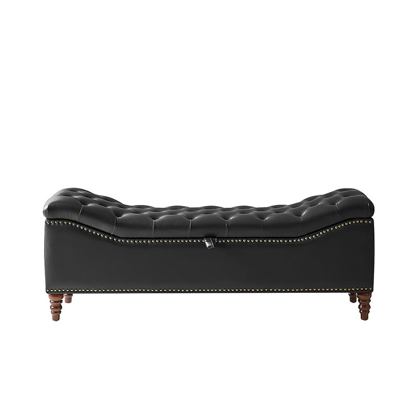 Banc de rangement capitonné en similicuir avec accoudoirs, garniture cloutée et pieds en bois tourné | Camel / Marron / Noir / Bleu marine | Individuel