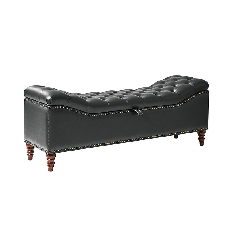 Banc de rangement capitonné en similicuir avec accoudoirs, garniture cloutée et pieds en bois tourné | Camel / Marron / Noir / Bleu marine | Individuel