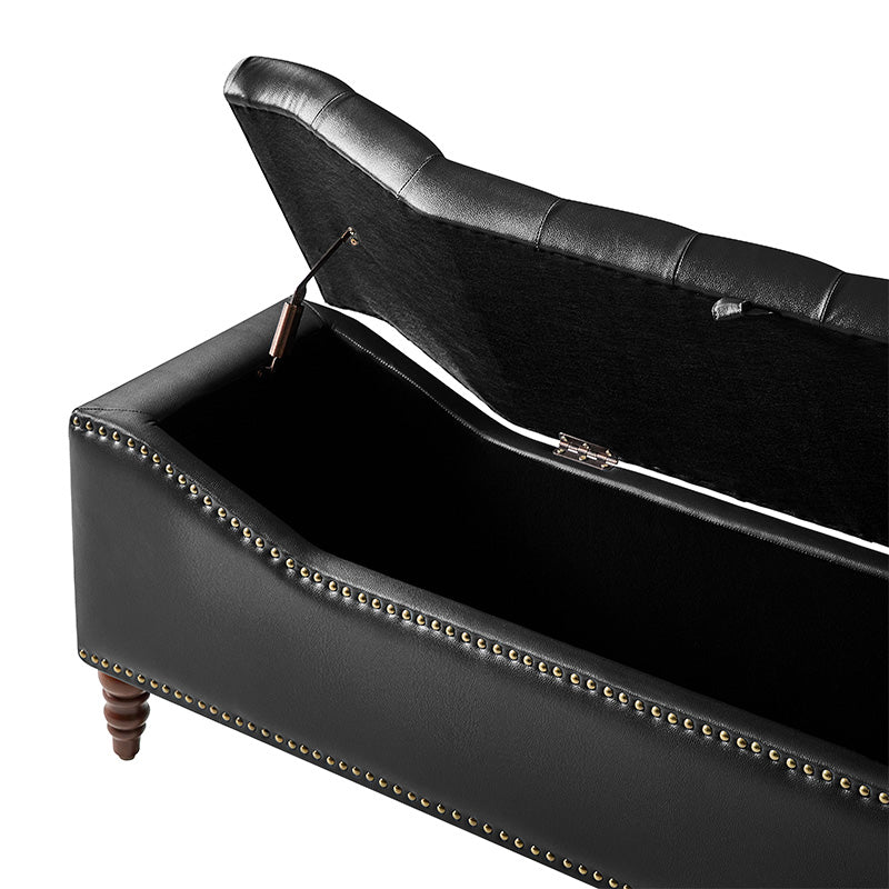 Banc de rangement capitonné en similicuir avec accoudoirs, garniture cloutée et pieds en bois tourné | Camel / Marron / Noir / Bleu marine | Individuel
