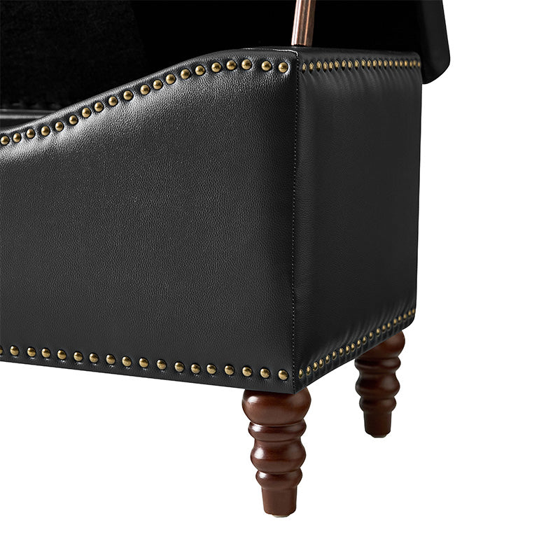 Banc de rangement capitonné en similicuir avec accoudoirs, garniture cloutée et pieds en bois tourné | Camel / Marron / Noir / Bleu marine | Individuel