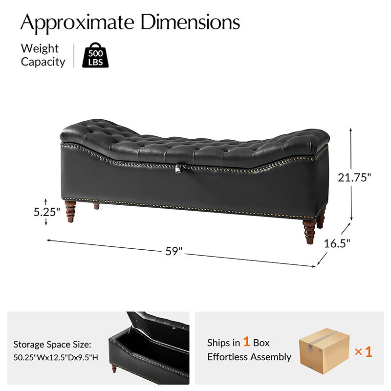 Banc de rangement capitonné en similicuir avec accoudoirs, garniture cloutée et pieds en bois tourné | Camel / Marron / Noir / Bleu marine | Individuel