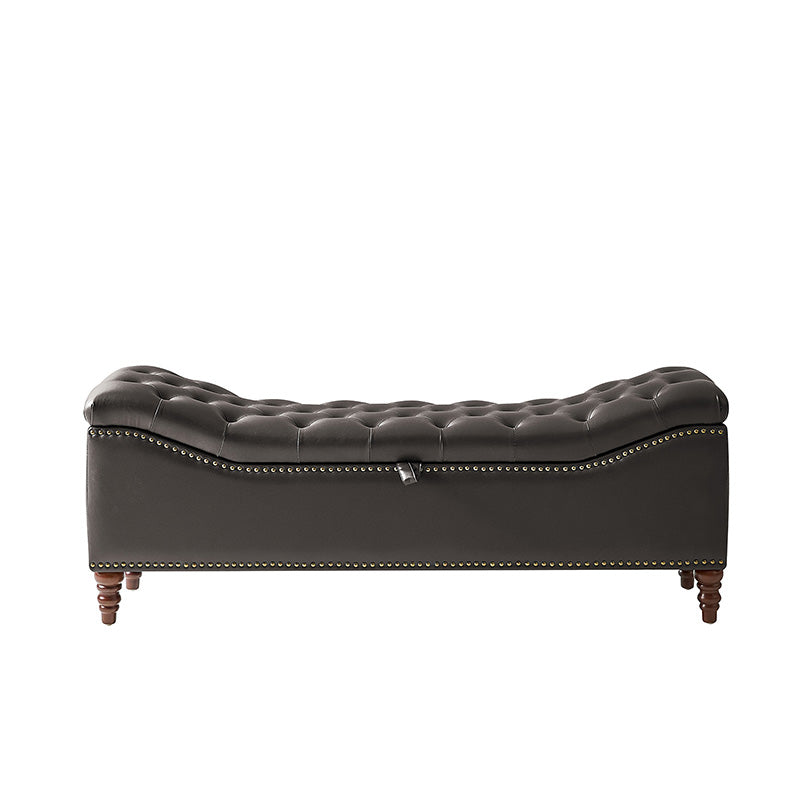 Banc de rangement capitonné en similicuir avec accoudoirs, garniture cloutée et pieds en bois tourné | Camel / Marron / Noir / Bleu marine | Individuel