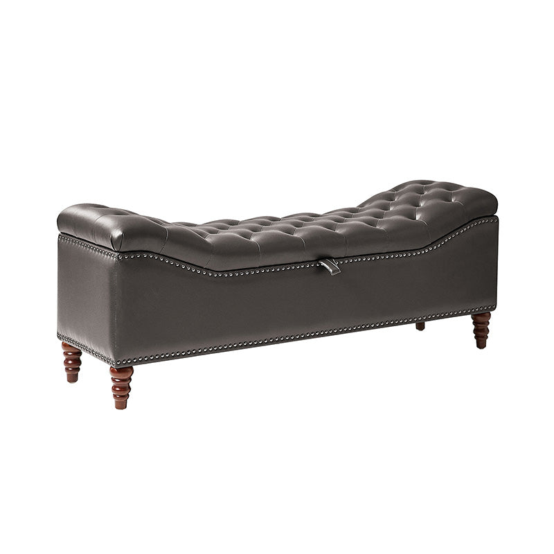 Banc de rangement capitonné en similicuir avec accoudoirs, garniture cloutée et pieds en bois tourné | Camel / Marron / Noir / Bleu marine | Individuel