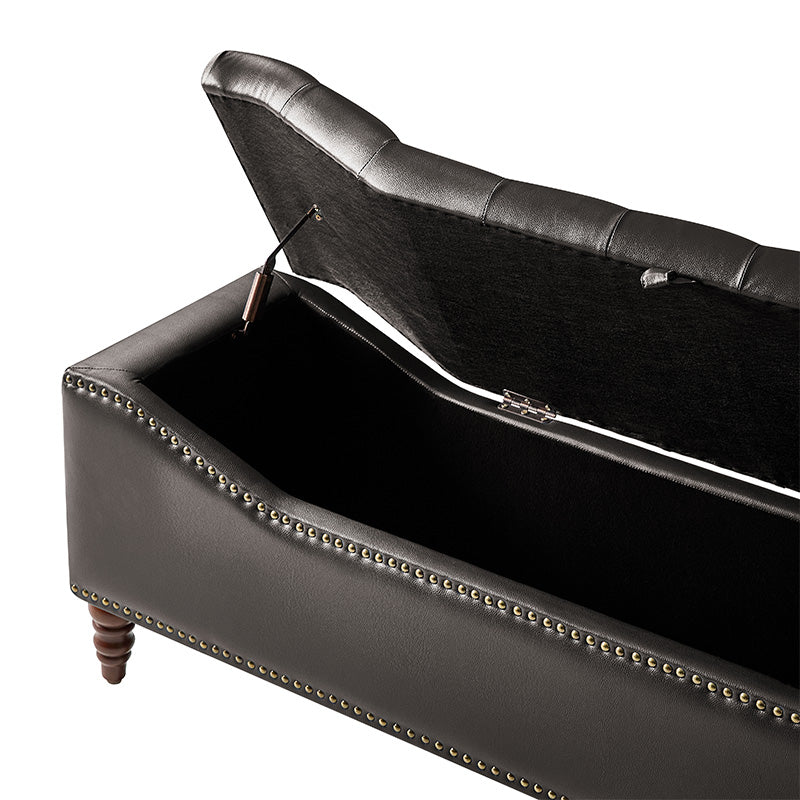 Banc de rangement capitonné en similicuir avec accoudoirs, garniture cloutée et pieds en bois tourné | Camel / Marron / Noir / Bleu marine | Individuel