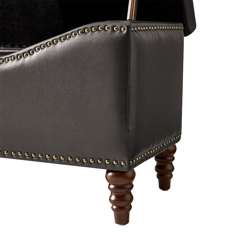 Banc de rangement capitonné en similicuir avec accoudoirs, garniture cloutée et pieds en bois tourné | Camel / Marron / Noir / Bleu marine | Individuel