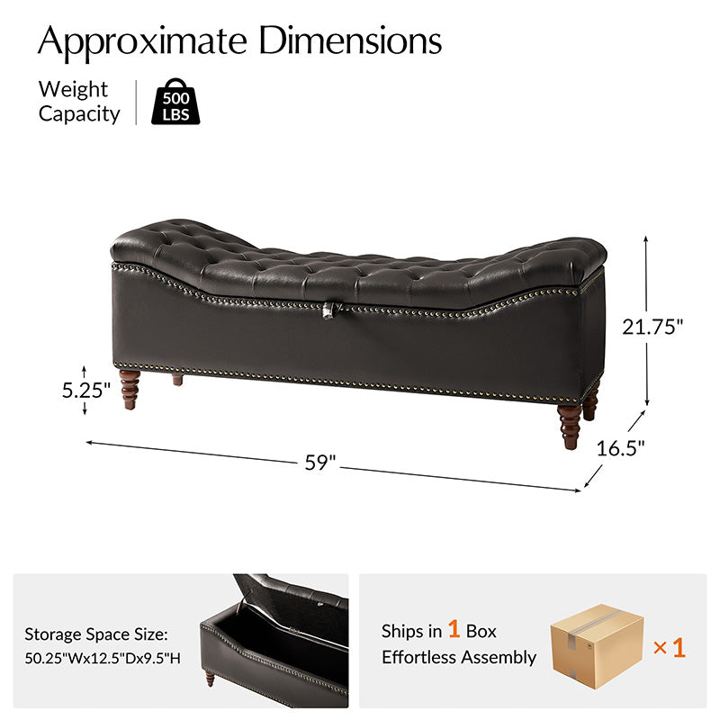 Banc de rangement capitonné en similicuir avec accoudoirs, garniture cloutée et pieds en bois tourné | Camel / Marron / Noir / Bleu marine | Individuel