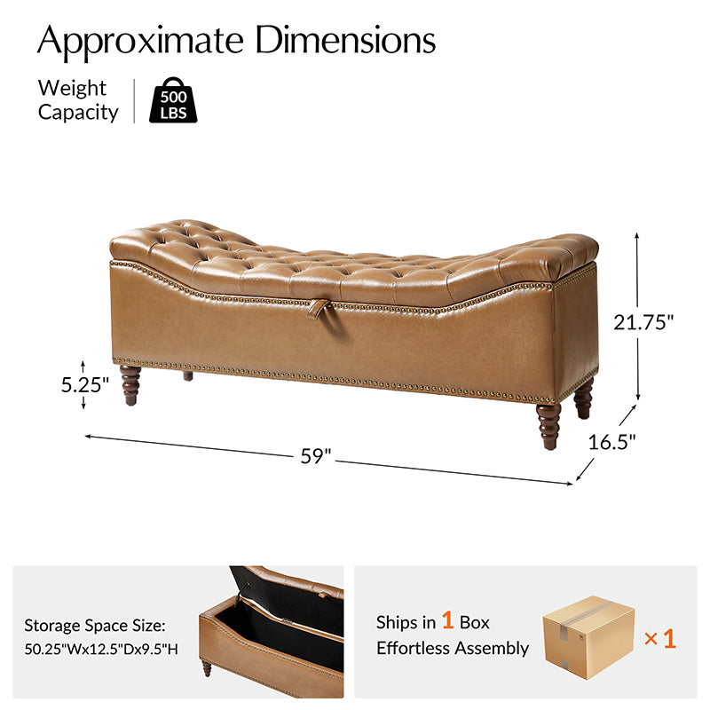 Banc de rangement capitonné en similicuir avec accoudoirs, garniture cloutée et pieds en bois tourné | Camel / Marron / Noir / Bleu marine | Individuel