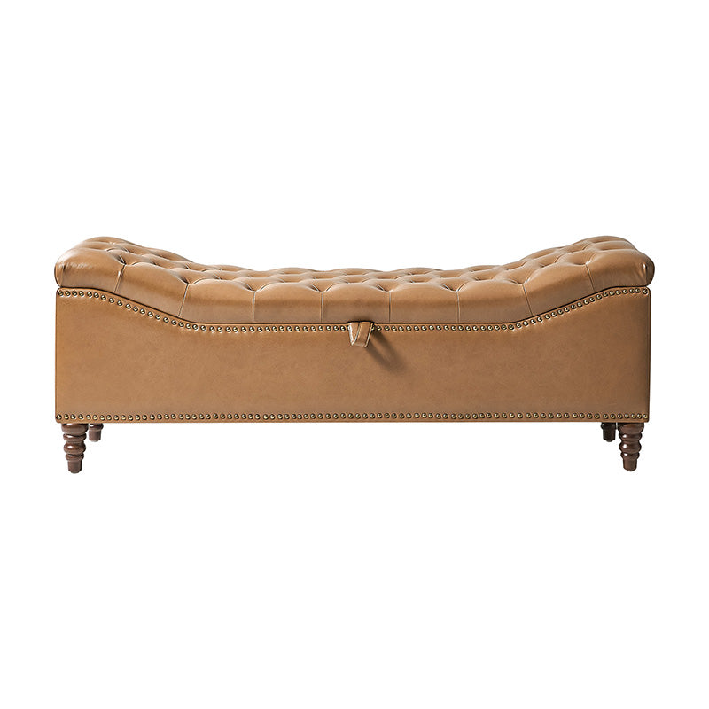 Banc de rangement capitonné en similicuir avec accoudoirs, garniture cloutée et pieds en bois tourné | Camel / Marron / Noir / Bleu marine | Individuel