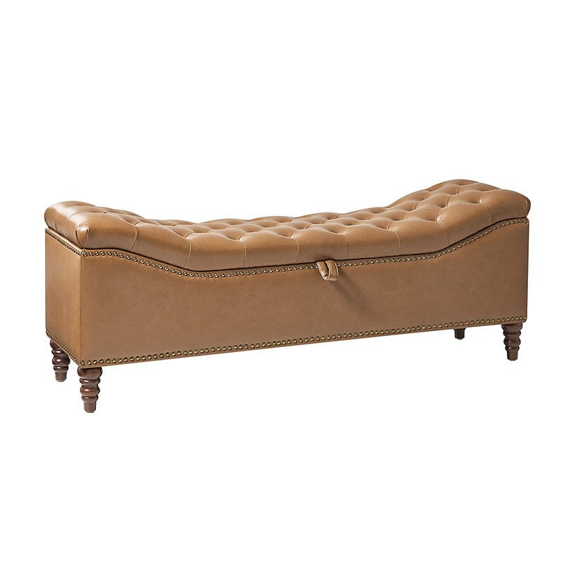 Banc de rangement capitonné en similicuir avec accoudoirs, garniture cloutée et pieds en bois tourné | Camel / Marron / Noir / Bleu marine | Individuel