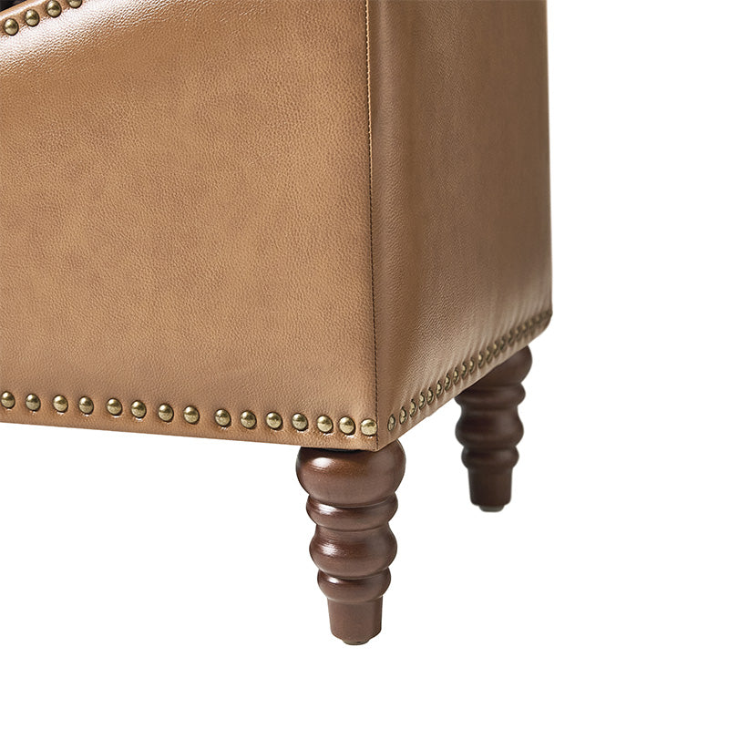 Banc de rangement capitonné en similicuir avec accoudoirs, garniture cloutée et pieds en bois tourné | Camel / Marron / Noir / Bleu marine | Individuel