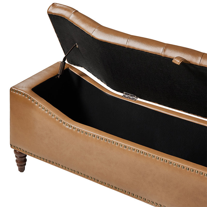 Banc de rangement capitonné en similicuir avec accoudoirs, garniture cloutée et pieds en bois tourné | Camel / Marron / Noir / Bleu marine | Individuel