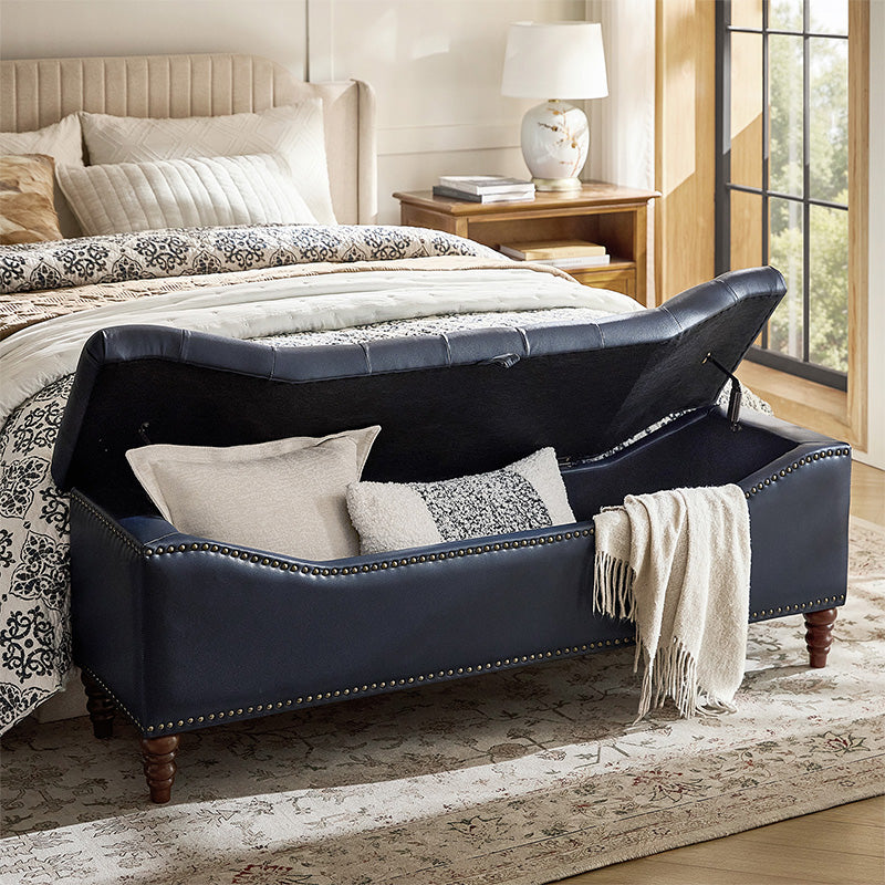 Banc de rangement capitonné en similicuir avec accoudoirs, garniture cloutée et pieds en bois tourné | Camel / Marron / Noir / Bleu marine | Individuel