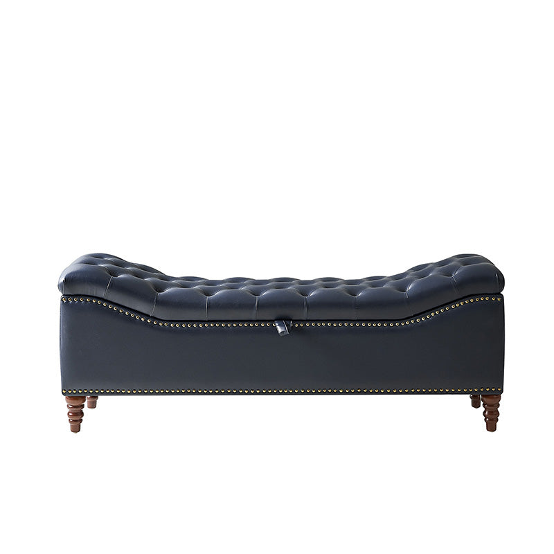 Banc de rangement capitonné en similicuir avec accoudoirs, garniture cloutée et pieds en bois tourné | Camel / Marron / Noir / Bleu marine | Individuel