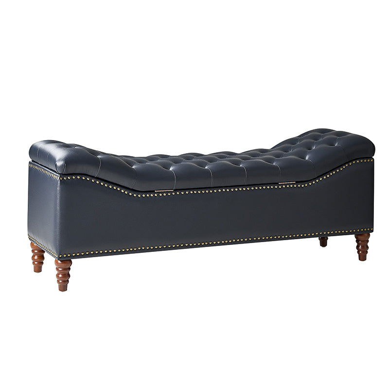 Banc de rangement capitonné en similicuir avec accoudoirs, garniture cloutée et pieds en bois tourné | Camel / Marron / Noir / Bleu marine | Individuel