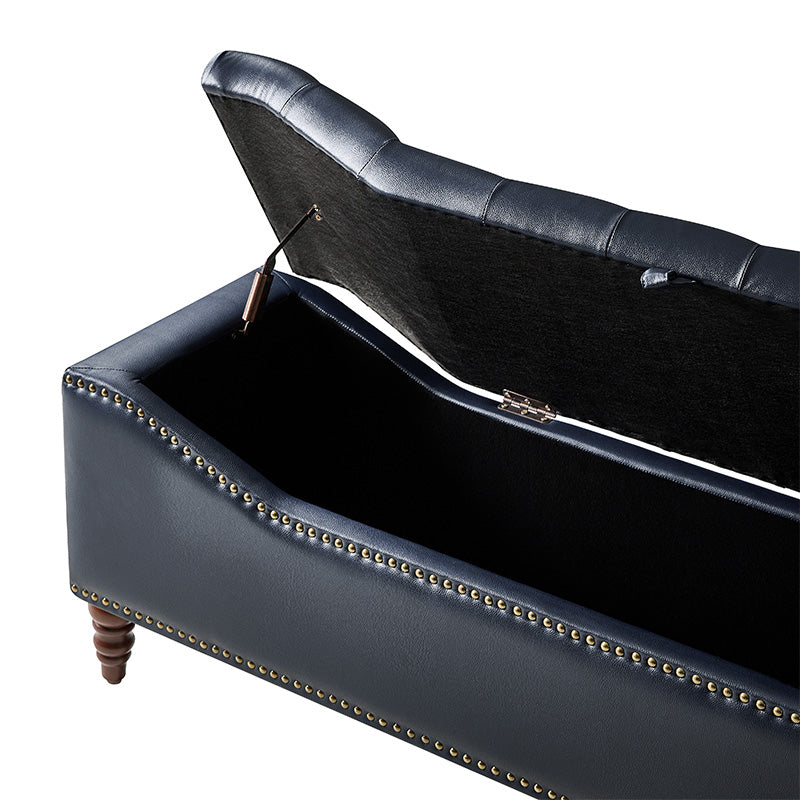 Banc de rangement capitonné en similicuir avec accoudoirs, garniture cloutée et pieds en bois tourné | Camel / Marron / Noir / Bleu marine | Individuel