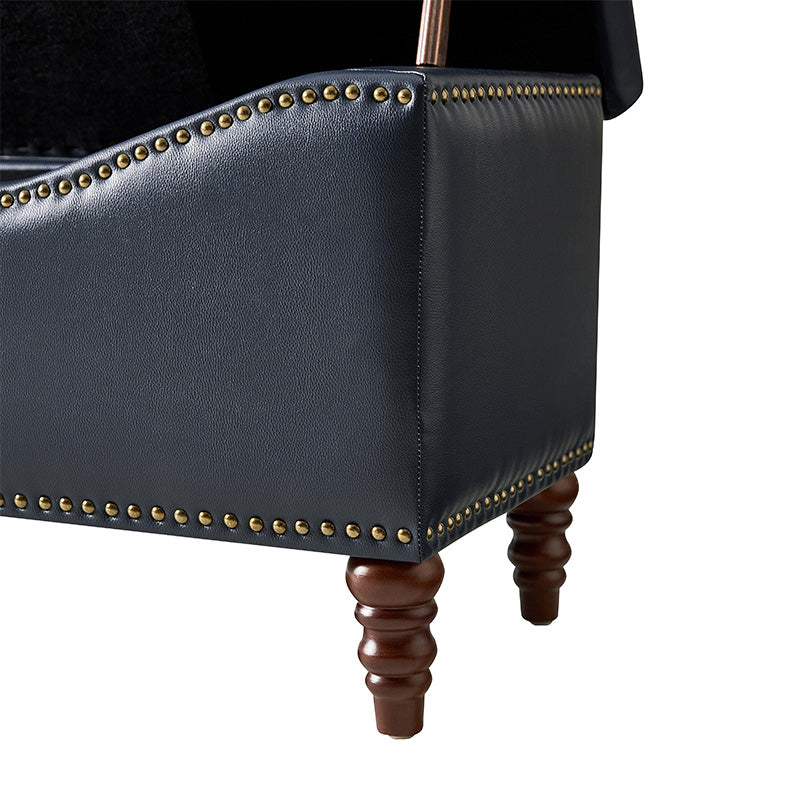 Banc de rangement capitonné en similicuir avec accoudoirs, garniture cloutée et pieds en bois tourné | Camel / Marron / Noir / Bleu marine | Individuel