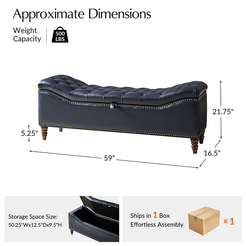 Banc de rangement capitonné en similicuir avec accoudoirs, garniture cloutée et pieds en bois tourné | Camel / Marron / Noir / Bleu marine | Individuel