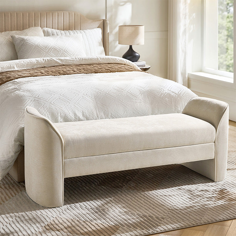 Banc de rangement capitonné en chenille moderne de 145 cm avec bords passepoilés, accoudoirs et coussin en mousse | Gris / Beige / Sauge / Noir | Simple