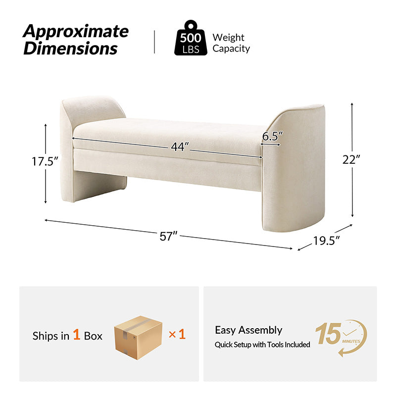 Banc de rangement capitonné en chenille moderne de 145 cm avec bords passepoilés, accoudoirs et coussin en mousse | Gris / Beige / Sauge / Noir | Simple