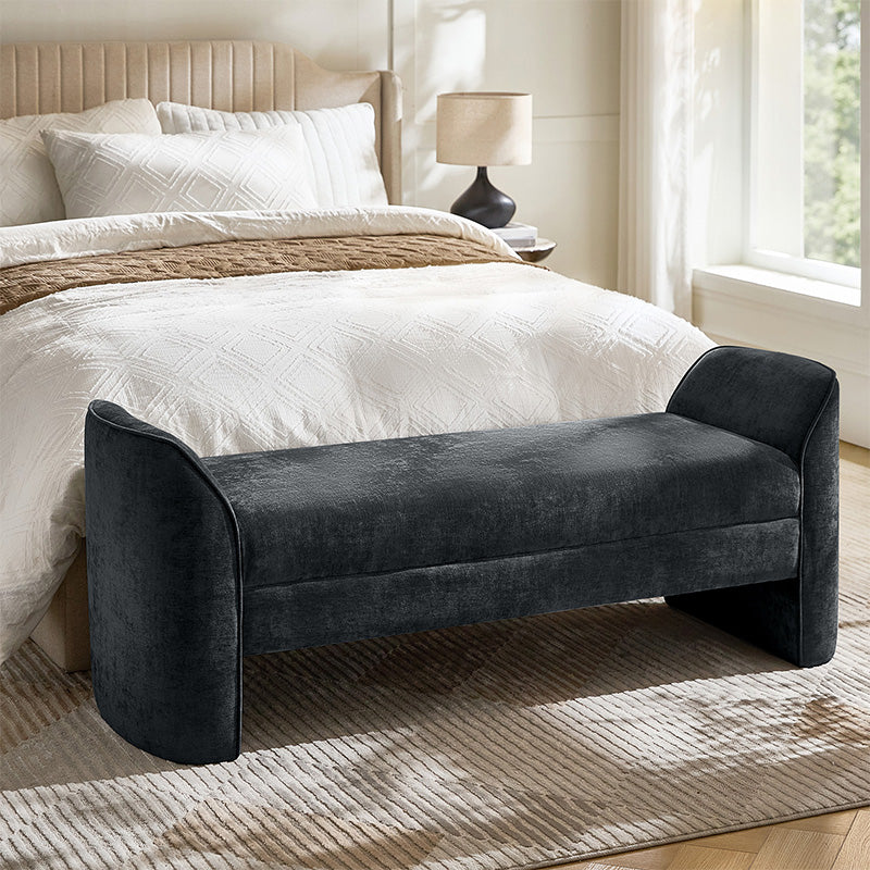 Banc de rangement capitonné en chenille moderne de 145 cm avec bords passepoilés, accoudoirs et coussin en mousse | Gris / Beige / Sauge / Noir | Simple