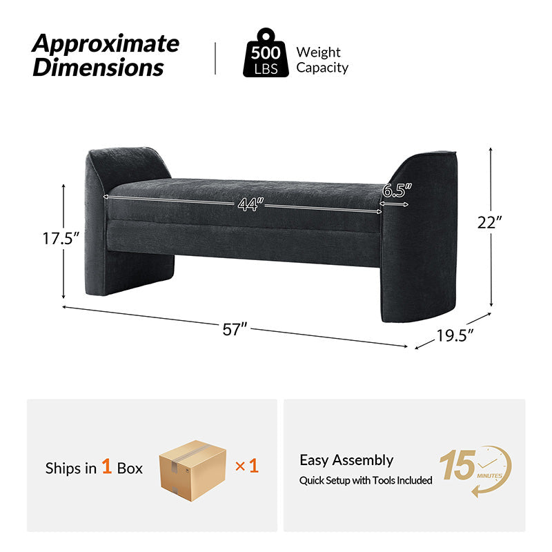 Banc de rangement capitonné en chenille moderne de 145 cm avec bords passepoilés, accoudoirs et coussin en mousse | Gris / Beige / Sauge / Noir | Simple