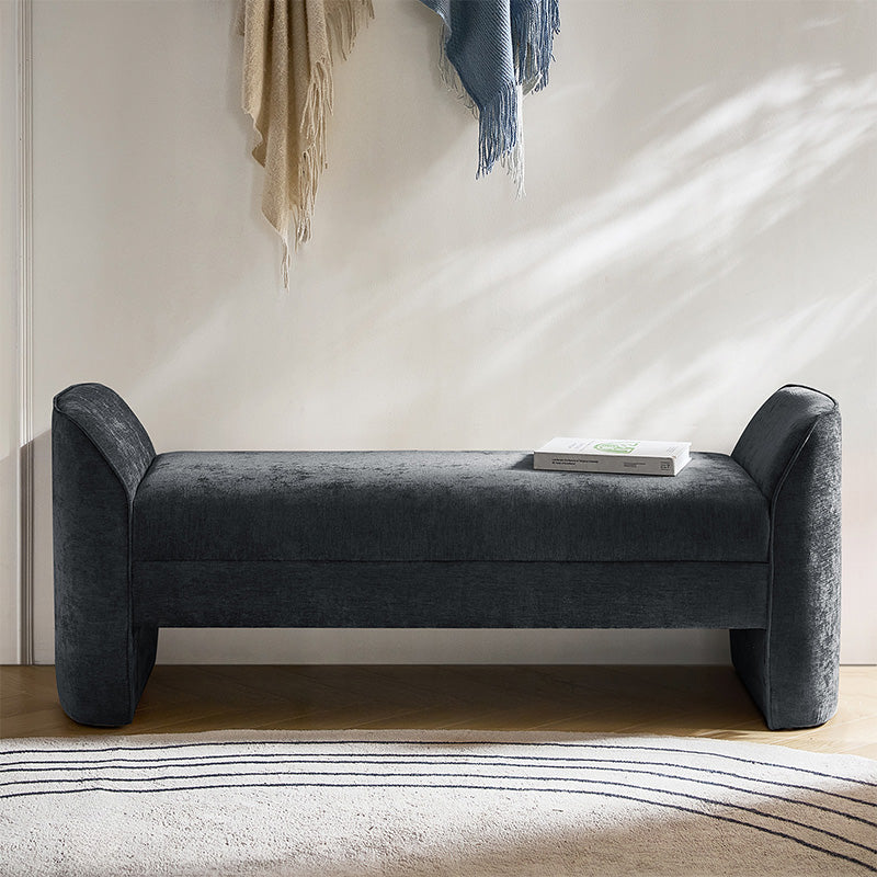 Banc de rangement capitonné en chenille moderne de 145 cm avec bords passepoilés, accoudoirs et coussin en mousse | Gris / Beige / Sauge / Noir | Simple