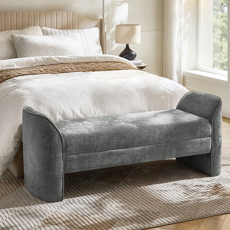 Banc de rangement capitonné en chenille moderne de 145 cm avec bords passepoilés, accoudoirs et coussin en mousse | Gris / Beige / Sauge / Noir | Simple