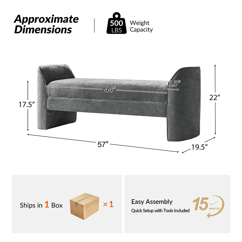 Banc de rangement capitonné en chenille moderne de 145 cm avec bords passepoilés, accoudoirs et coussin en mousse | Gris / Beige / Sauge / Noir | Simple