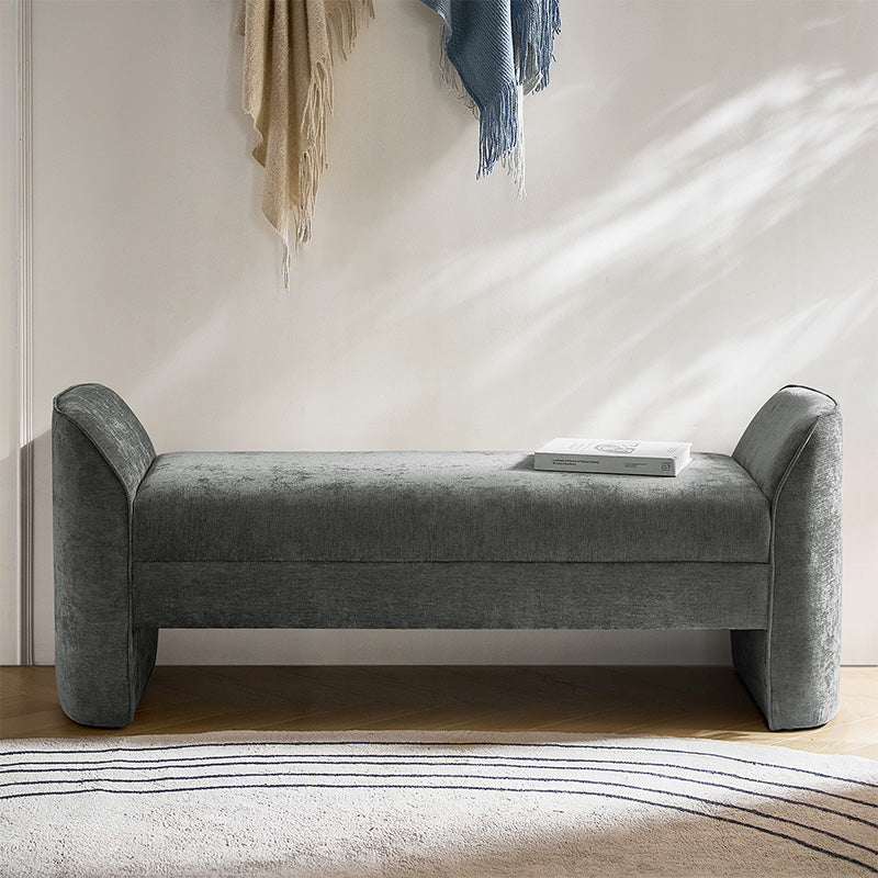 Banc de rangement capitonné en chenille moderne de 145 cm avec bords passepoilés, accoudoirs et coussin en mousse | Gris / Beige / Sauge / Noir | Simple