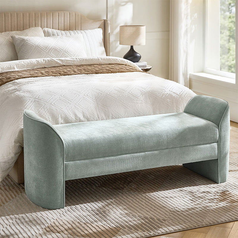 Banc de rangement capitonné en chenille moderne de 145 cm avec bords passepoilés, accoudoirs et coussin en mousse | Gris / Beige / Sauge / Noir | Simple
