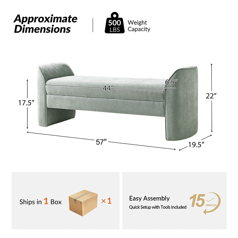 Banc de rangement capitonné en chenille moderne de 145 cm avec bords passepoilés, accoudoirs et coussin en mousse | Gris / Beige / Sauge / Noir | Simple