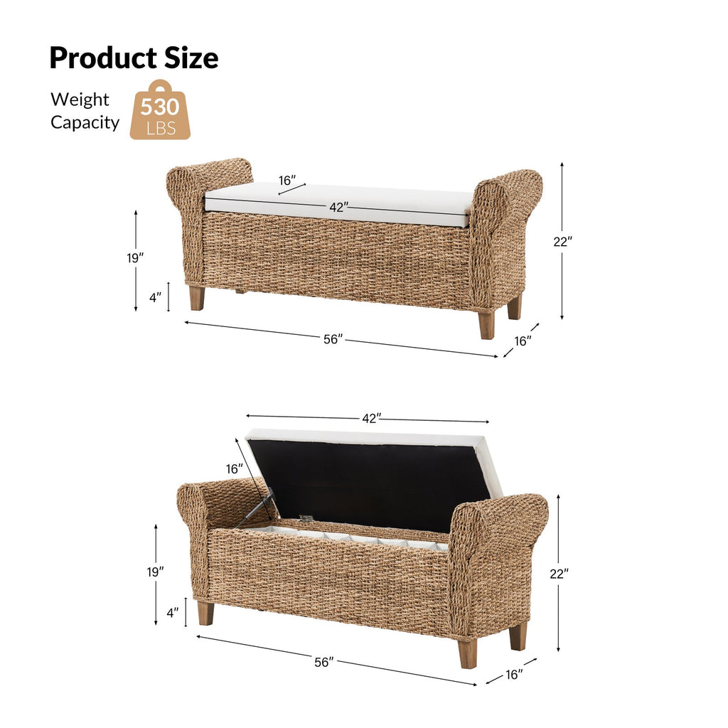Banc de rangement en jacinthe d'eau avec accoudoirs arrondis, coussin en mousse et pieds en bois d'acacia | Naturel | Individuel