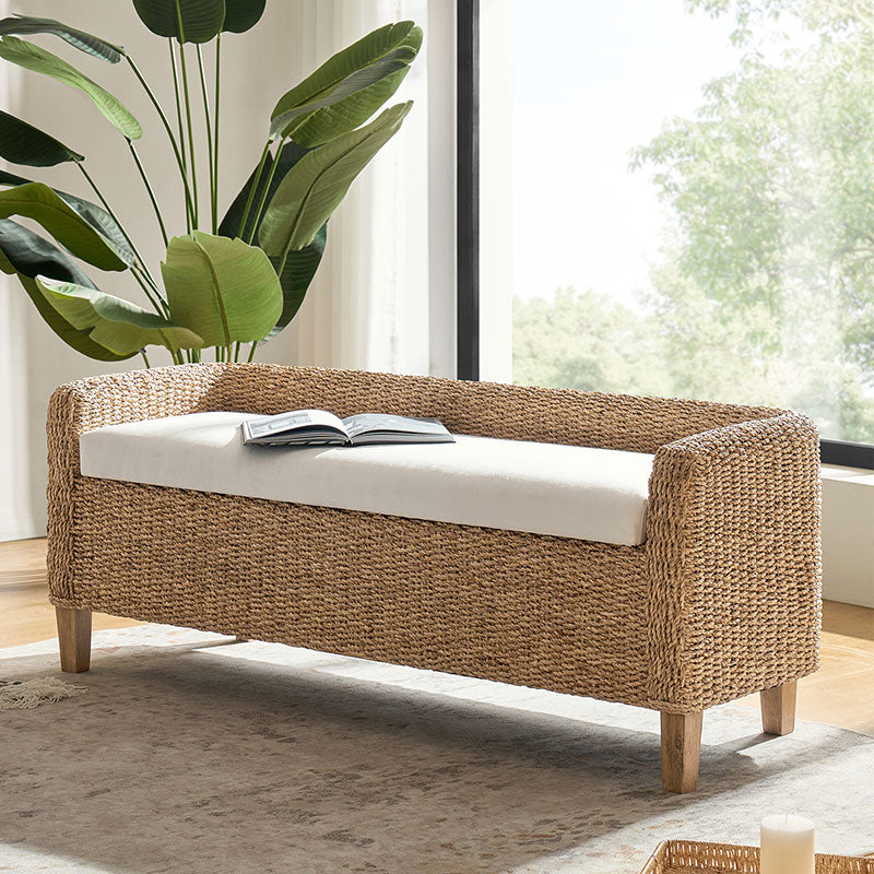 Banc de rangement en rotin à couvercle relevable avec coussin rembourré, accoudoirs et pieds effilés en bois massif | Naturel | Individuel