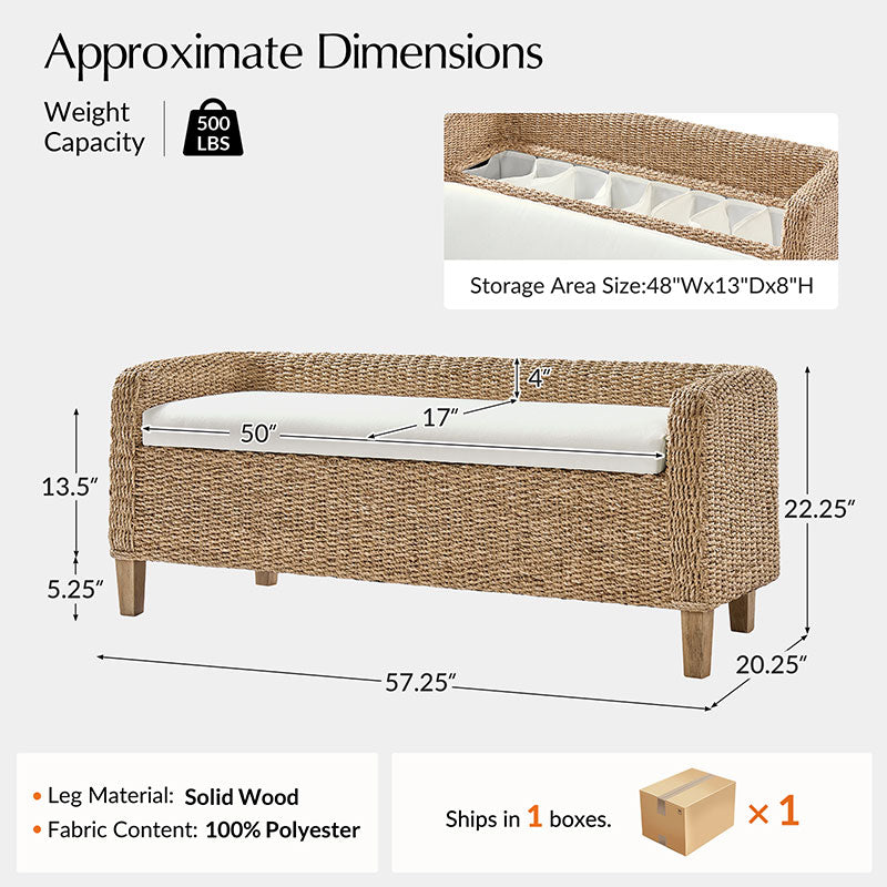 Banc de rangement en rotin à couvercle relevable avec coussin rembourré, accoudoirs et pieds effilés en bois massif | Naturel | Individuel