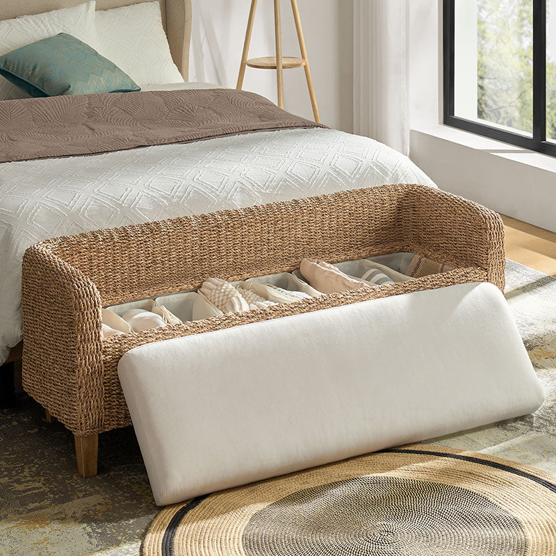 Banc de rangement en rotin à couvercle relevable avec coussin rembourré, accoudoirs et pieds effilés en bois massif | Naturel | Individuel