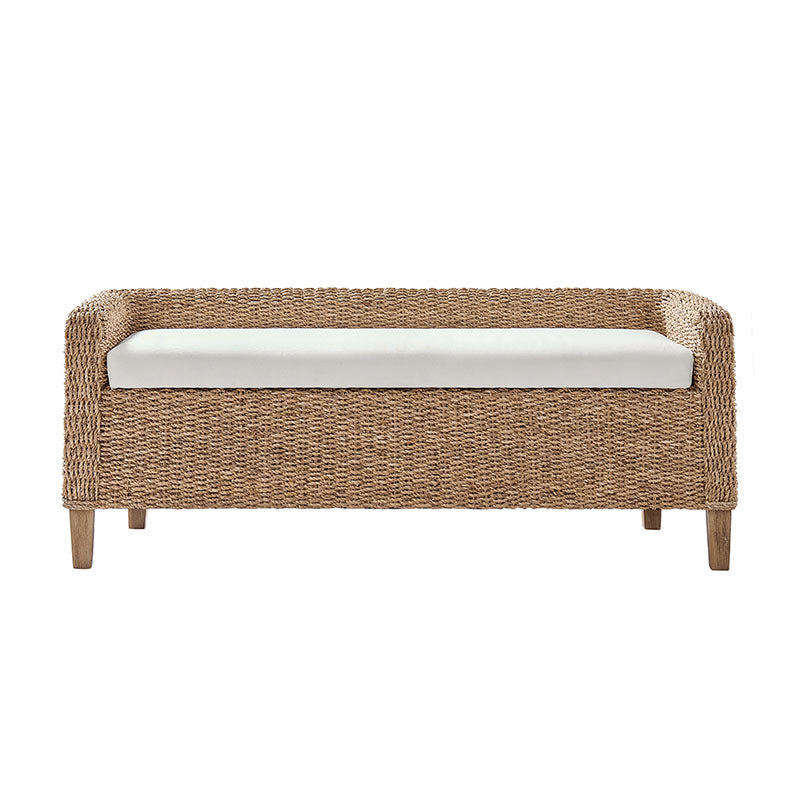 Banc de rangement en rotin à couvercle relevable avec coussin rembourré, accoudoirs et pieds effilés en bois massif | Naturel | Individuel