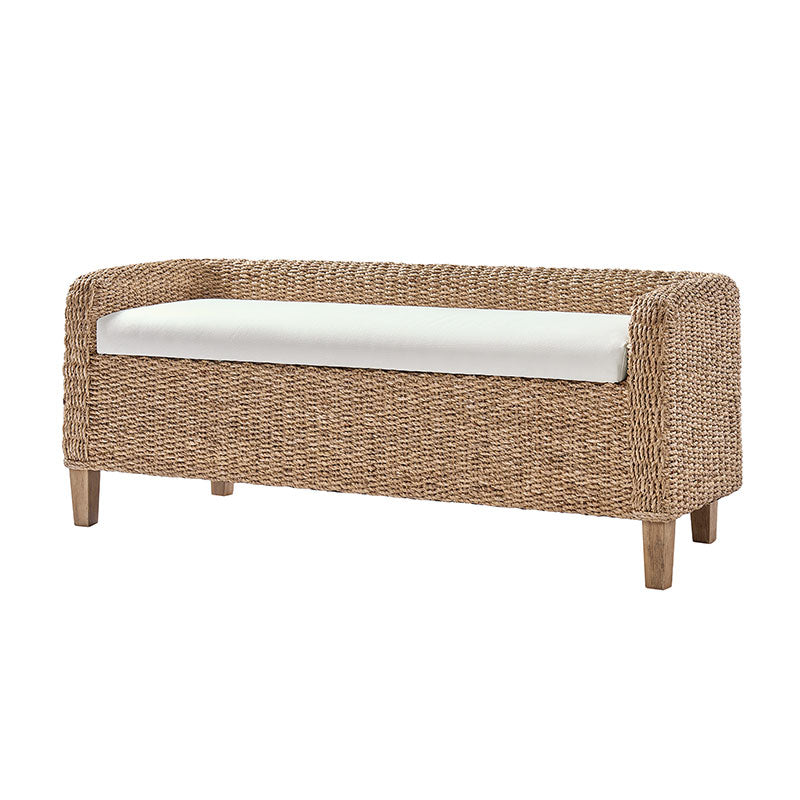 Banc de rangement en rotin à couvercle relevable avec coussin rembourré, accoudoirs et pieds effilés en bois massif | Naturel | Individuel