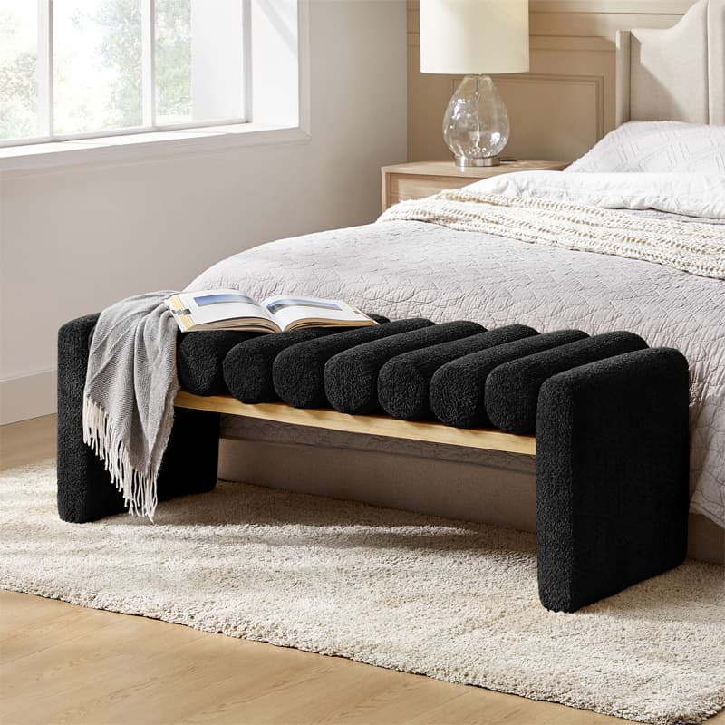 Banc en bois massif en H avec coussins cylindriques ronds amovibles et pieds en bois massif | Noir / Sauge / Jaune | Simple