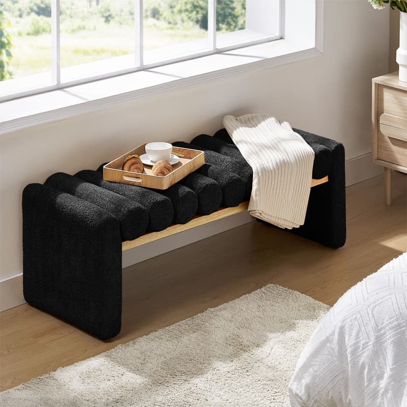 Banc en bois massif en H avec coussins cylindriques ronds amovibles et pieds en bois massif | Noir / Sauge / Jaune | Simple