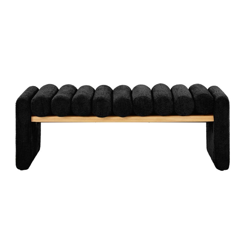 Banc en bois massif en H avec coussins cylindriques ronds amovibles et pieds en bois massif | Noir / Sauge / Jaune | Simple