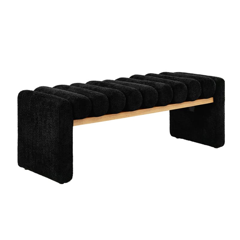 Banc en bois massif en H avec coussins cylindriques ronds amovibles et pieds en bois massif | Noir / Sauge / Jaune | Simple