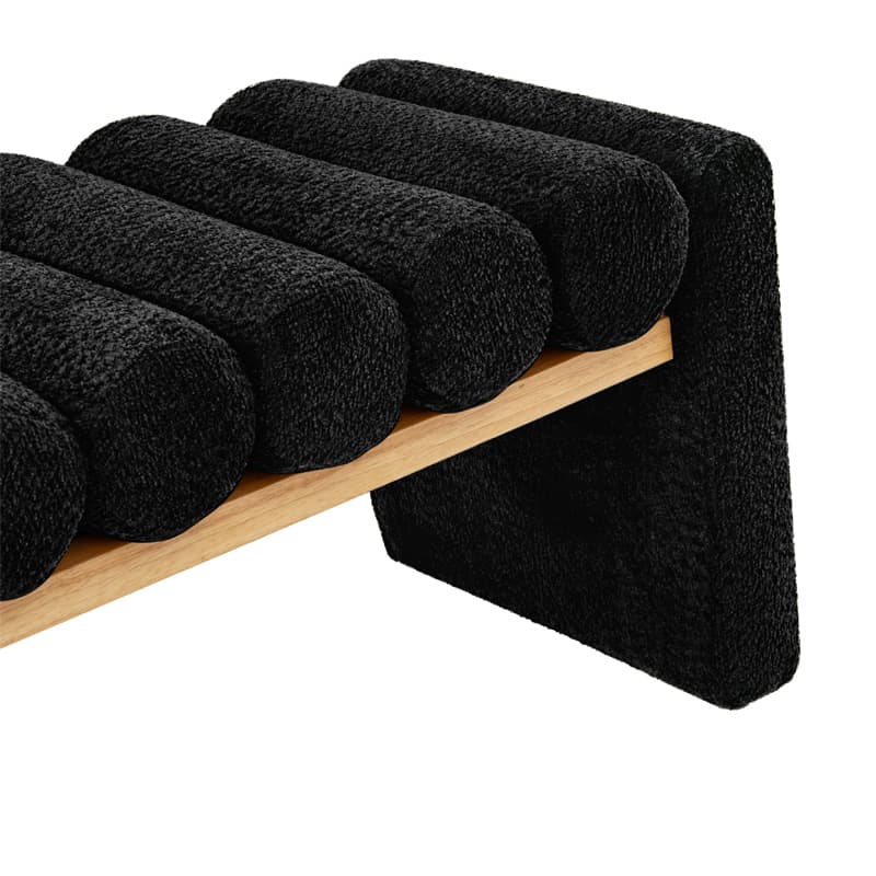 Banc en bois massif en H avec coussins cylindriques ronds amovibles et pieds en bois massif | Noir / Sauge / Jaune | Simple