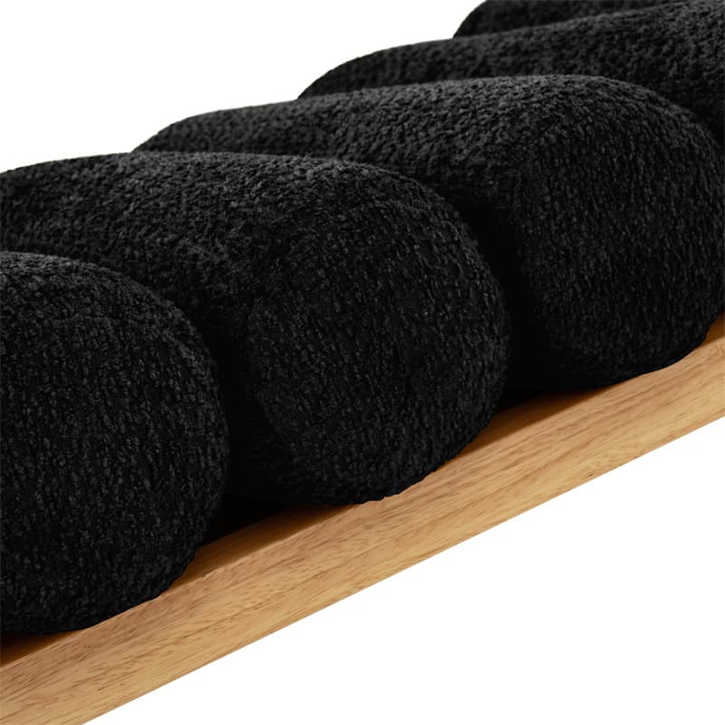 Banc en bois massif en H avec coussins cylindriques ronds amovibles et pieds en bois massif | Noir / Sauge / Jaune | Simple