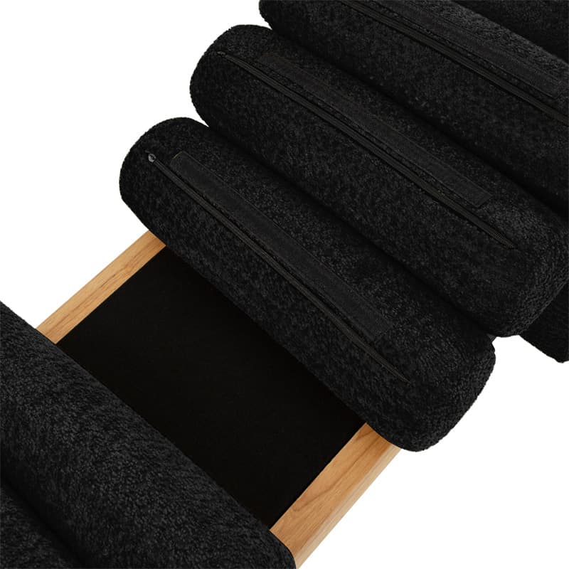 Banc en bois massif en H avec coussins cylindriques ronds amovibles et pieds en bois massif | Noir / Sauge / Jaune | Simple