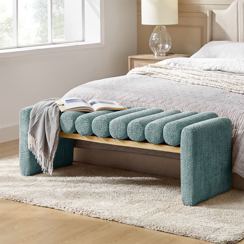Banc en bois massif en H avec coussins cylindriques ronds amovibles et pieds en bois massif | Noir / Sauge / Jaune | Simple