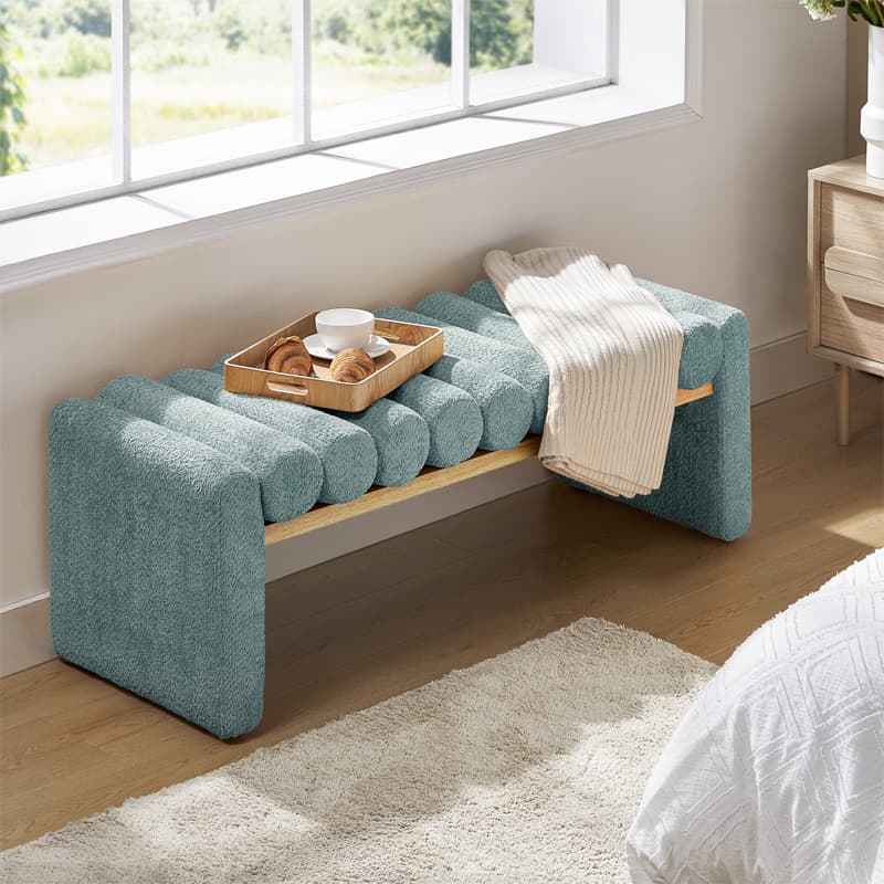 Banc en bois massif en H avec coussins cylindriques ronds amovibles et pieds en bois massif | Noir / Sauge / Jaune | Simple