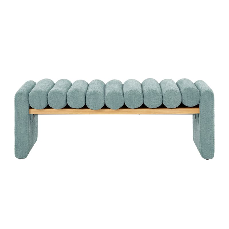 Banc en bois massif en H avec coussins cylindriques ronds amovibles et pieds en bois massif | Noir / Sauge / Jaune | Simple