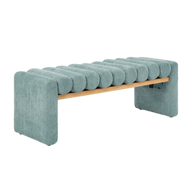Banc en bois massif en H avec coussins cylindriques ronds amovibles et pieds en bois massif | Noir / Sauge / Jaune | Simple