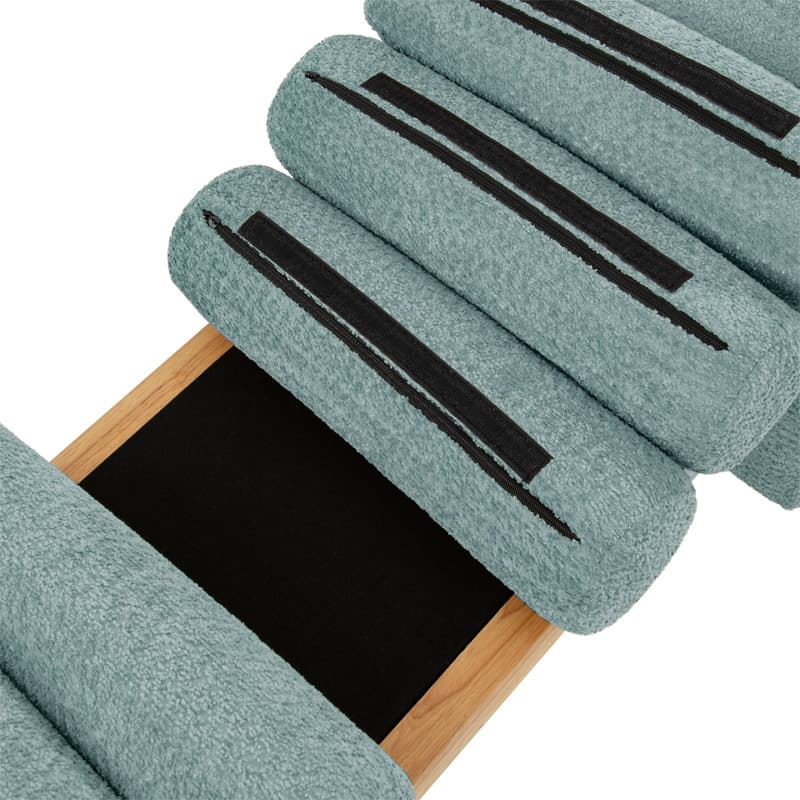 Banc en bois massif en H avec coussins cylindriques ronds amovibles et pieds en bois massif | Noir / Sauge / Jaune | Simple